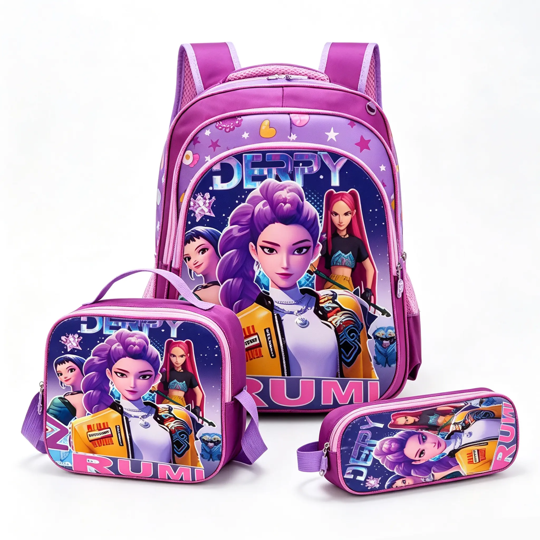 3D K-pop Devil Hunter Cartoon Backpack Set – Back-to-school essential, large-capacity travel backpack, student school bag, 3-piece set