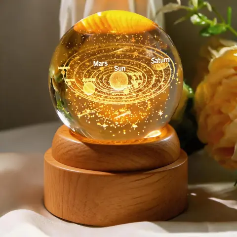 JOOMAPO 3D Solar System Crystal Ball - 60mm (2.36in D x 2.36in W x 2.76in H), 3D Laser Engraving, Wooden Base, Random Light Colors, Space-Themed Decor, Room Accessories, Decorative Piece for Astronomy Enthusiasts, Kids' Gifts