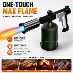High-powered propane torch (without propane tank), featuring a one-touch maximum flame button and safety lock, adjustable blowtorch suitable for searing steak after sous vide cooking, grilling, fireplace, charcoal barbecues, and more