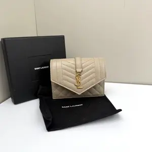 Pre-owned Yves Saint Laurent Caviar Wallet Triquilt Matelasse Compact Beige CPU0401