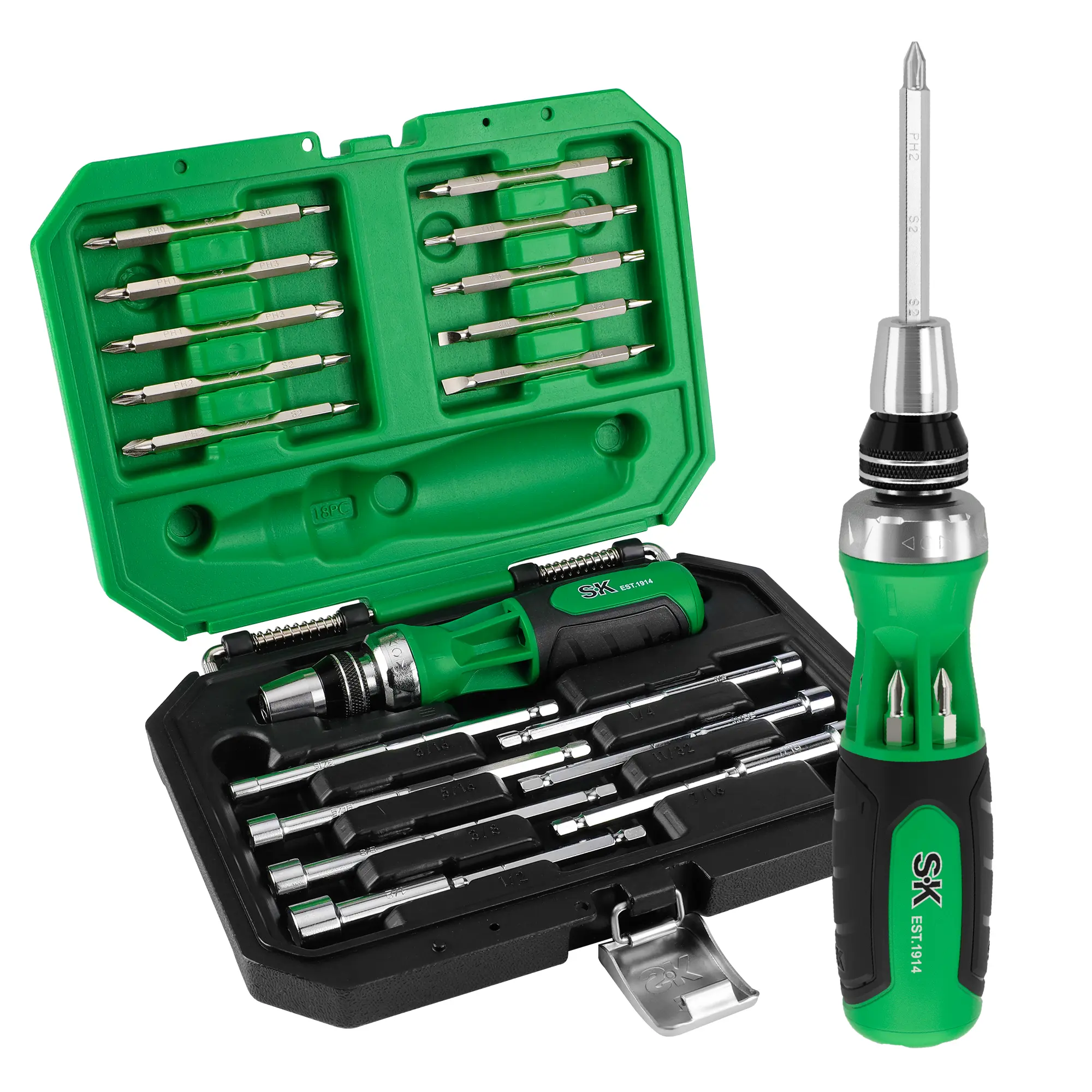 #fathersdaygift SK 22-in-1 Ratcheting Screwdriver with Nut Drivers, 216-P Multi-bit Screwdriver, Phillips, Slotted, Star, Square Bits Stored in Handle, Organized in Storage Toolbox