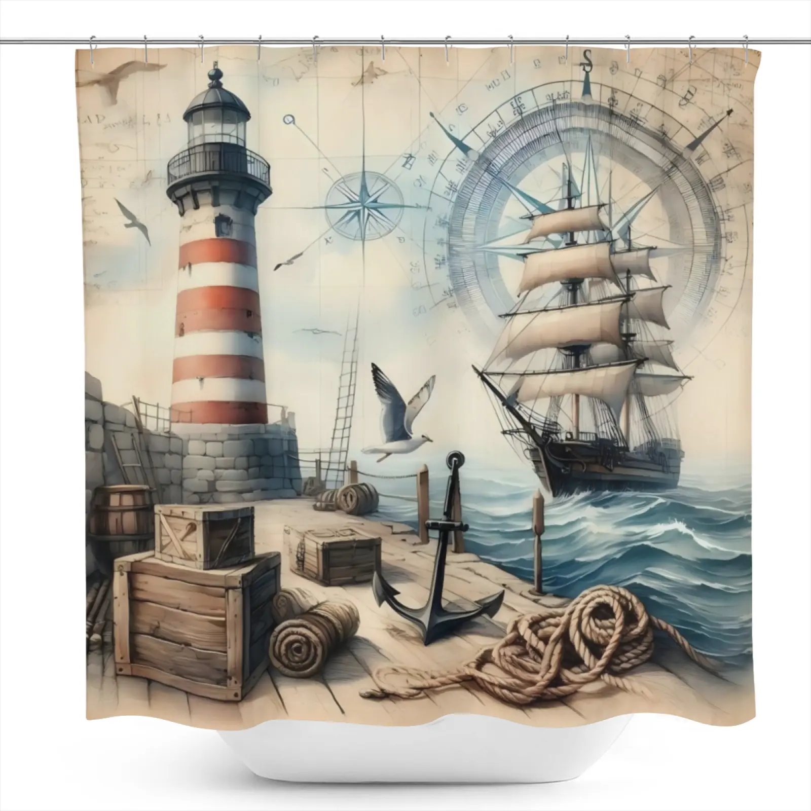 1Pc Vintage Nautical Lighthouse Sailboat Compass Map Pattern Washable Waterproof Polyester Shower Curtain with 12 Hooks, 71in W x 71in H, Modern Art Style, Bathroom Decoration, Resistant, Bathroom Decor Ideas, 71X71 In
