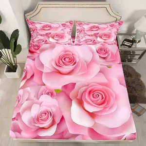 Pink Rose Fitted Sheet Kids Rose Floral Flower Bed Sheet Set for Boys Girls Teens Rose Floral Flower Bedding Set Breathable Romantic Bed Cover Valentine's Day Bed Set