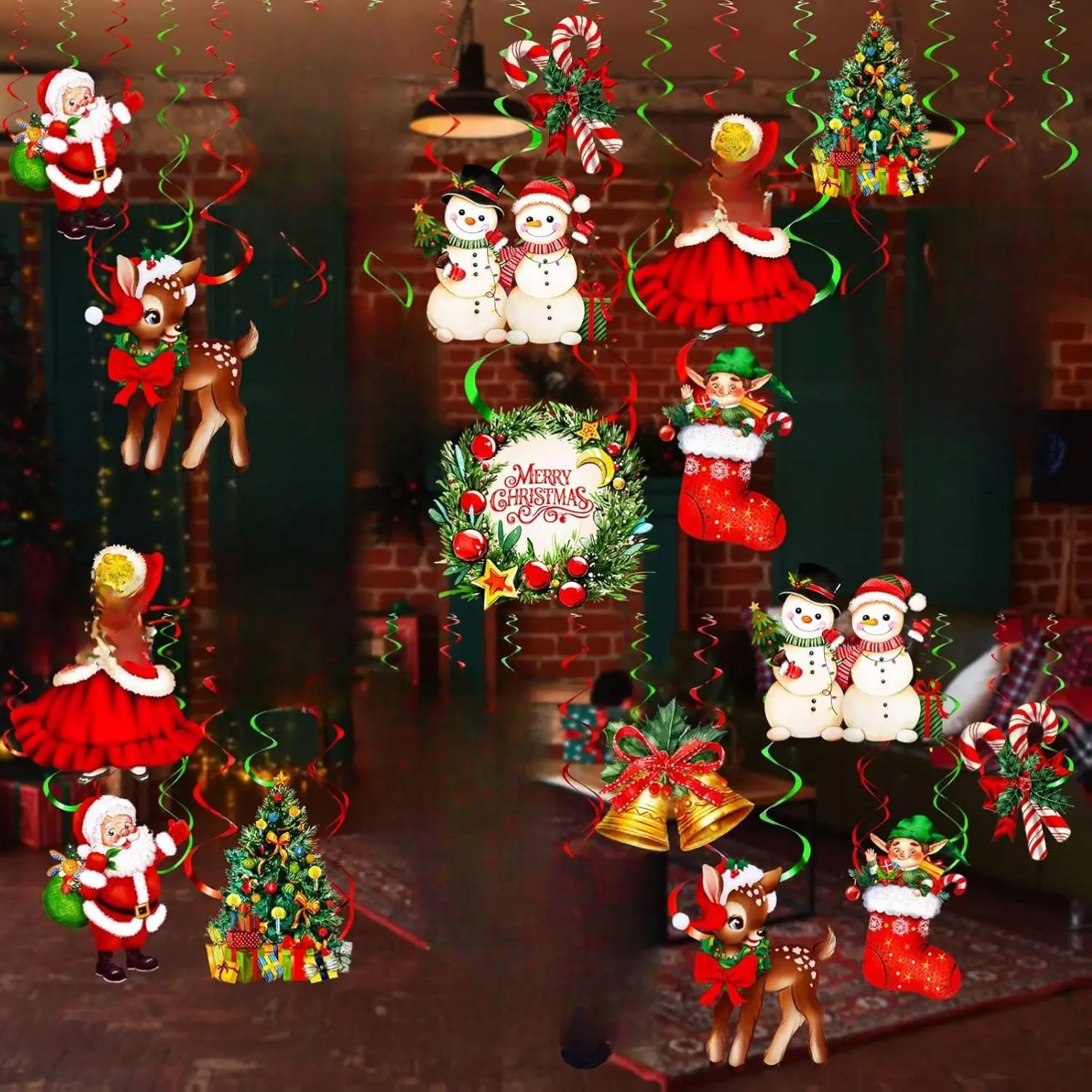 30 Pieces Santa Claus Swirl Decorations Merry Christmas Ceiling Hanging Decorations Set Snowman Elk Swirls Hanging Ornaments for Christmas Eve Winter Holiday Party Supplies