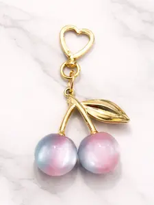 Iridescent Pastel Cherry Bag Charm - Opalized Stone Keychain with Gold Heart Clasp