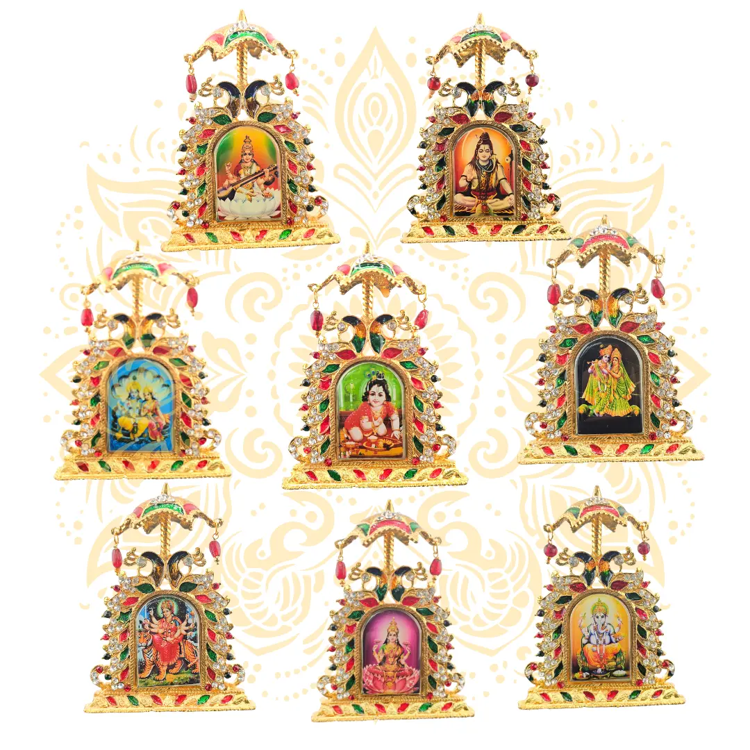 Golden Metal Mini Mandir Altar w/ Deity Design