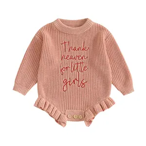 Infant Baby Girl Sweater Romper Funny Letter Embroidery Long Sleeve Ruffle Chunky Knit Sweatshirt Fall Winter Clothes