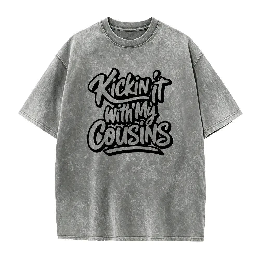 Women's Classic Cotton Smooth Seamless Retro Bubble Script Kickin It With My Cousins Graphic Tee - White Crew Neck Short-Sleeve Casual Summer Matching Family Top, Shortsleeve, Fabric, Round Neck, Shirt, Soft, Solid, Printed, Cotton Fabric