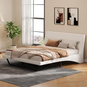 King Size Upholstered Bed Frame PU Leather Platform Bed With Wave-Like Curve Design & Trapezoidal-Shaped Leg No Box Spring Needed 800 Lbs Weight Capacity Modern Bed Frame With Wooden Slats (White)