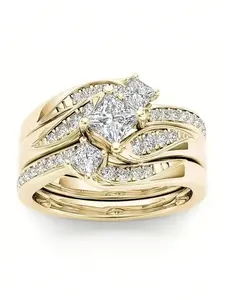 Women's Luxury Artificial Zircon Stacking Ring Set, Elegant Copper Jewelry for Wedding Engagement Anniversary Party Gift, All Season Wear, Bridal Set Rings