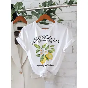Women's Short-Sleeve Crew Neck Lemon Letter Print T-Shirt, Vintage Kawaii Streetwear Casual Summer Fruit Graphic Top