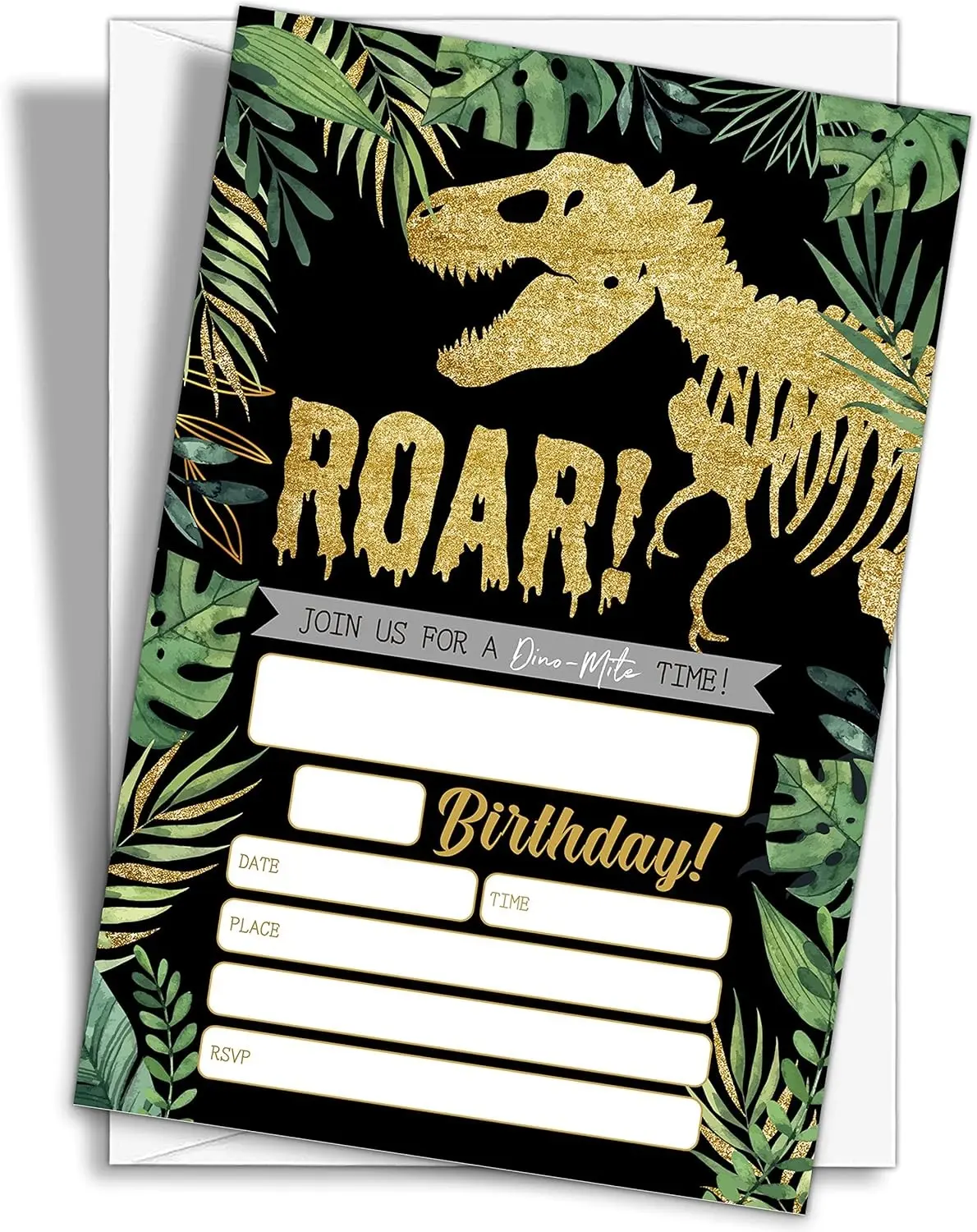Gold Dinosaur Birthday Party Invitations | 20-Count Jungle Birthday Party Invites With Envelopes-HBYQK | B44