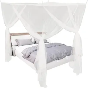 4 Corners White Bed Curtains for Single Twin Full Size, Net Rectangular Bed Drapes for Bedroom Home Indoor Decoration(L79 X W47 X H59 Inch)