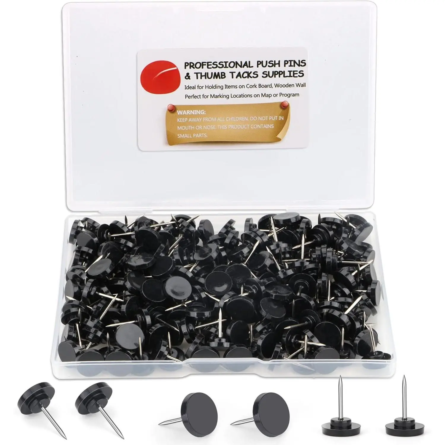 Push Pins 200-count Flat Black Thumb Tacks Steel Point and Plastic  for Corkboard and Wooden Photo Wall