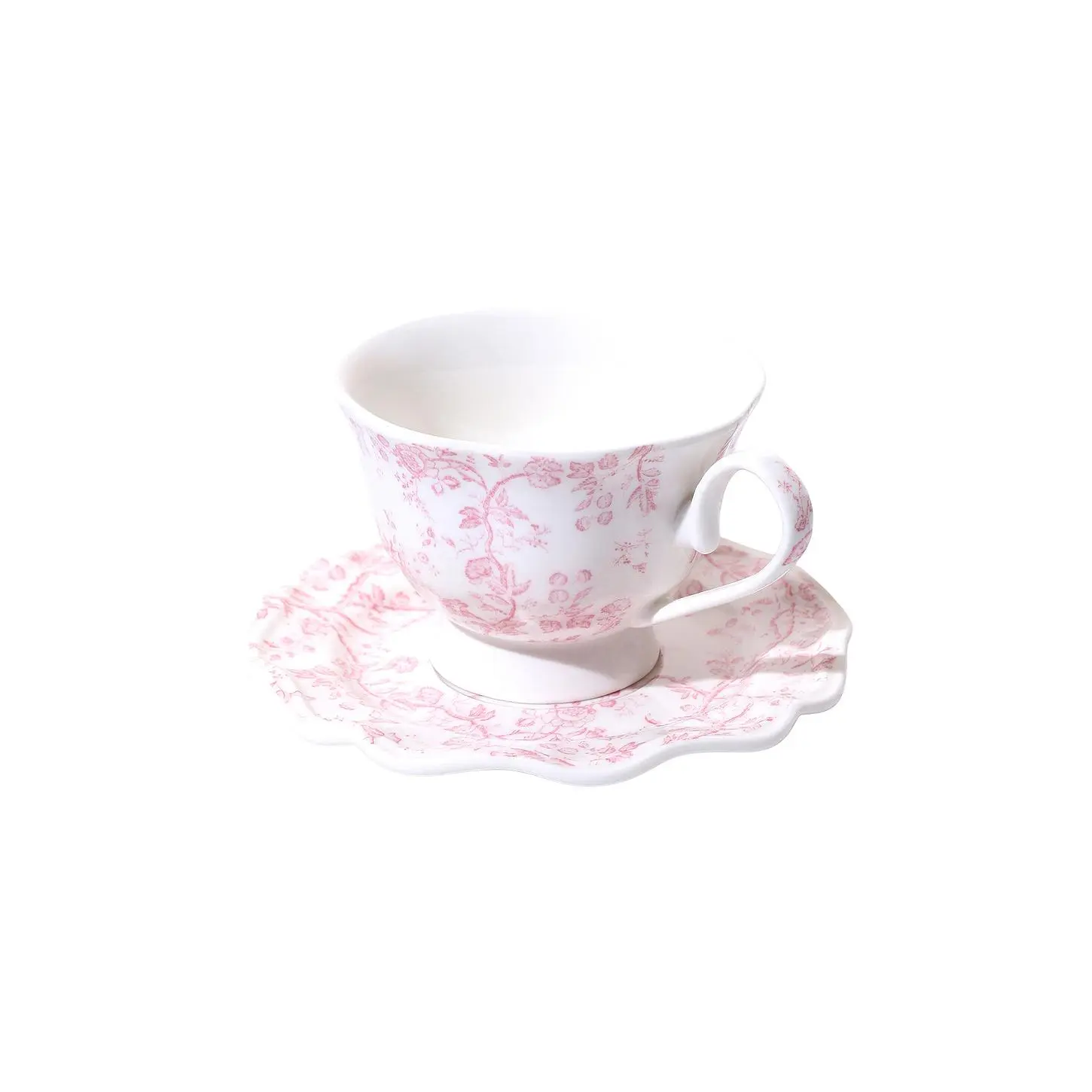 Noon & Moon Vintage Rosy Bloom 7.5 oz Teacup & Saucer Set Pair, Imported Item with Scalloped Edge Kitchenware Drinkware