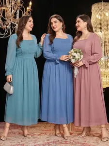 Women's Plus Size Square Neck Pleated Waist Tie Dress, Elegant Slimming Daily Wear, Fashion Chiffon Transparent Dress, All Seasons