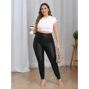 Plus Size Women's PU Leather Skinny Pants, Sexy Comfortable High Waist Stretchy Leggings, Perfect for Daily Wear & Party