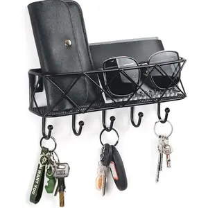 [New Deal] 5 Hooks Key Holder for Wall Decorative, Entryway Key Hooks, Wall Mounted Key Rack, Metal Wire Mesh Basket Mail Holder, 9.8”Lx2.1”Wx4.1”H Shelves Organiser