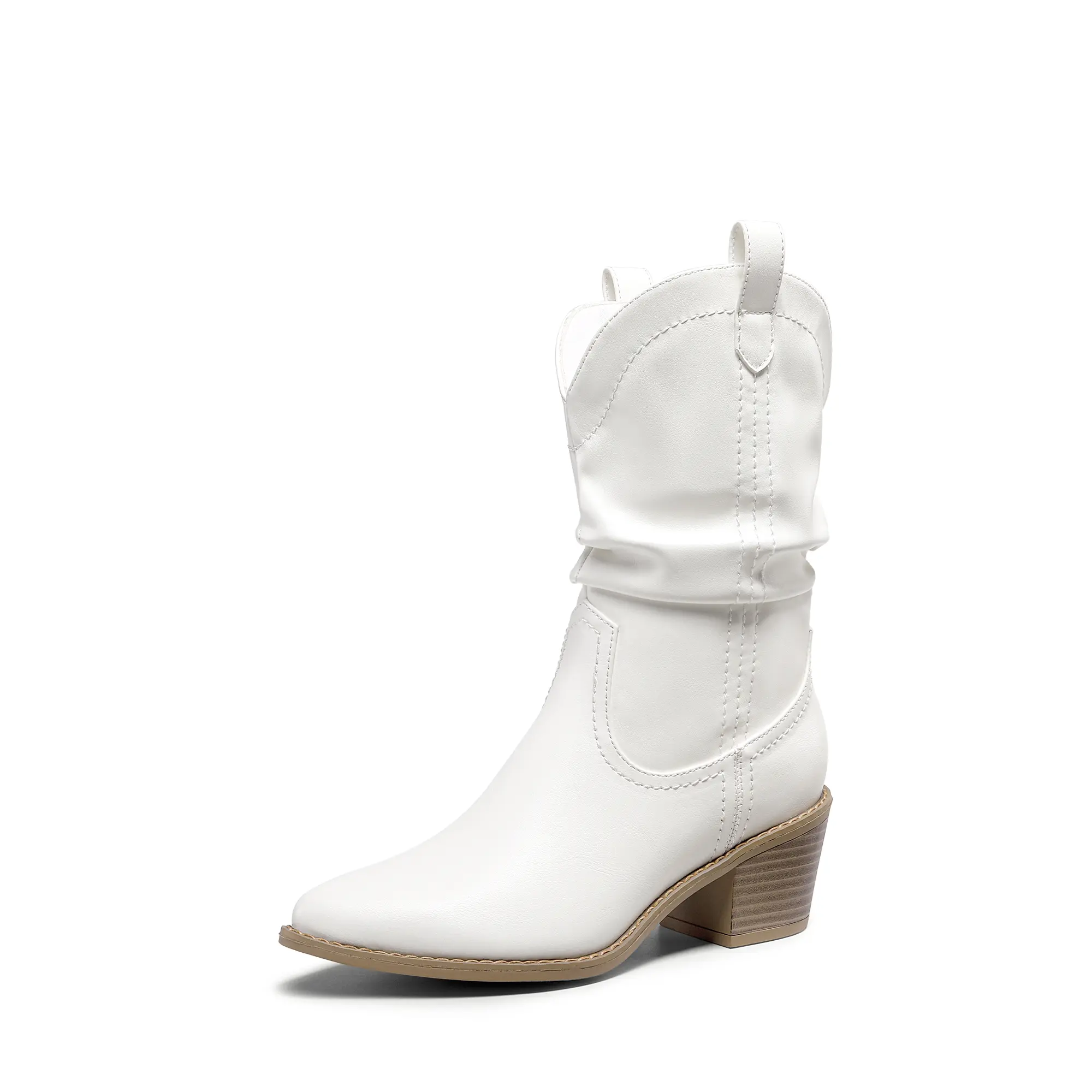 Dream Pairs Women's Stylish Western Cowboy Footwear - Mid-Calf Slouchy PU Leather Pointed-Toe Boots with V-Cut Cuff, Lightweight Design, and Soft Cushioned Insole