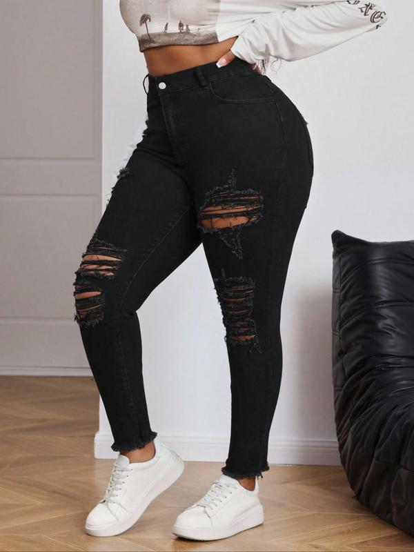 Women's Fashion New Plus Size Denim Ripped Design Faux Fur Hem High Elasticity Skinny Pants, Casual Plain Long Trousers for All Seasons