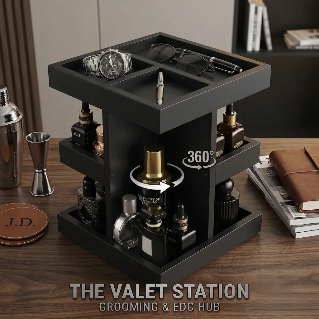 360° Rotating Wooden Vanity Organizer - 3-Tier Compartmentalized Multi-Tier Storage for Beauty Products, Perfumes, Jewelry - Minimalist Modern Home Decor, Male Gifts