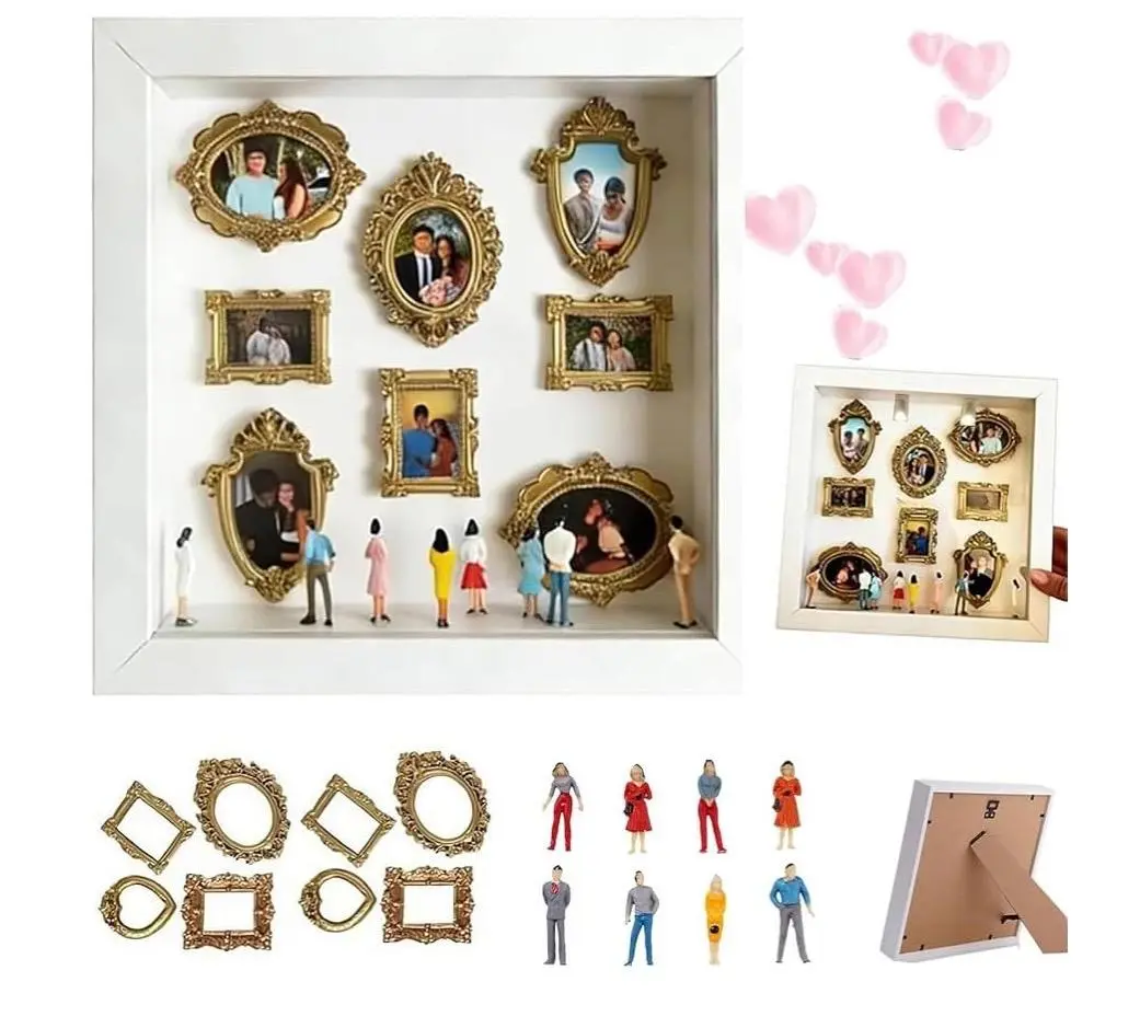 DIY Mini Museum Silhouette Box, Shadow Box Frame Display Case, Personalized Photo Shadow Boxes Display with 7pcs Mini Museum Figurines & 8pcs Mini Gold Frames, Gift for Valentine's Day & Anniversaries