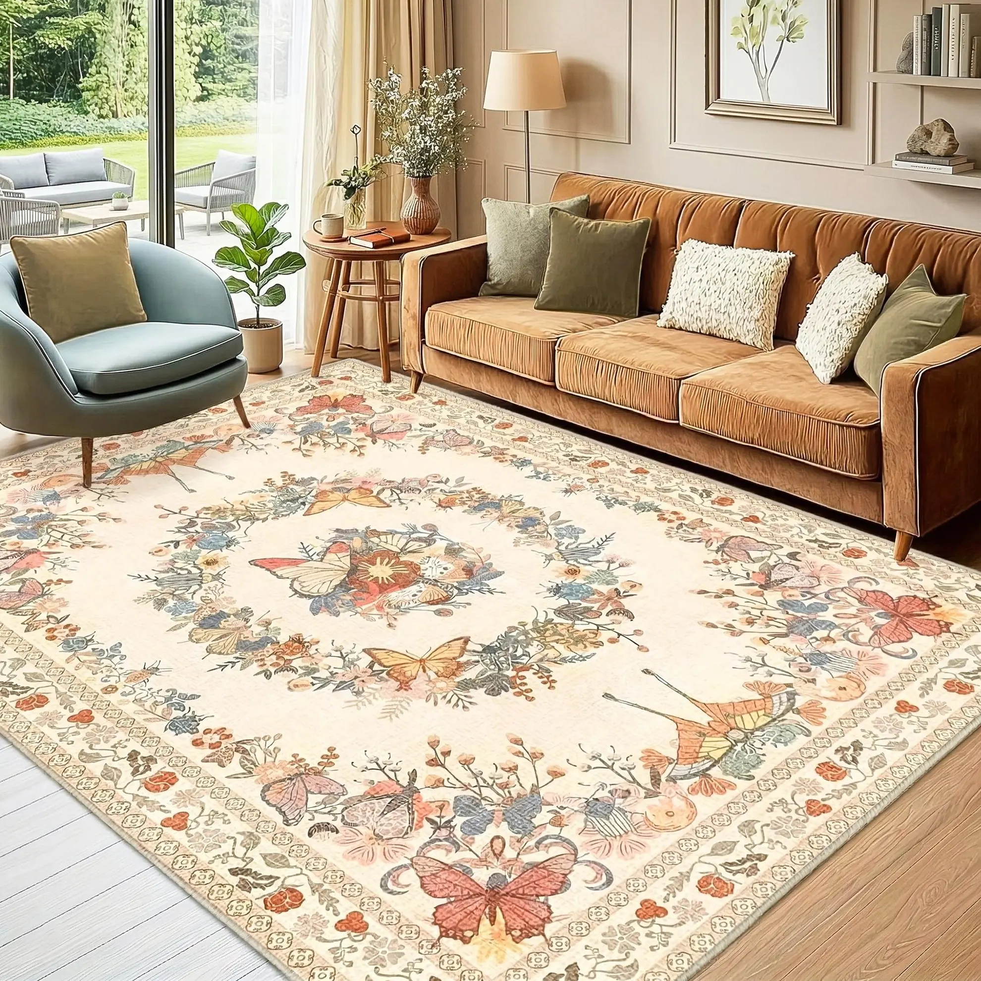 BLIOWL Vintage Boho Butterfly Floral Printed Home Decor Rug - Soft, Machine Washable, Low Pile, Anti-Skid Rectangle for Bedroom Rugs, Living Room Decor, Hardwood Floors, 1.7In Plush, Cozy Feet