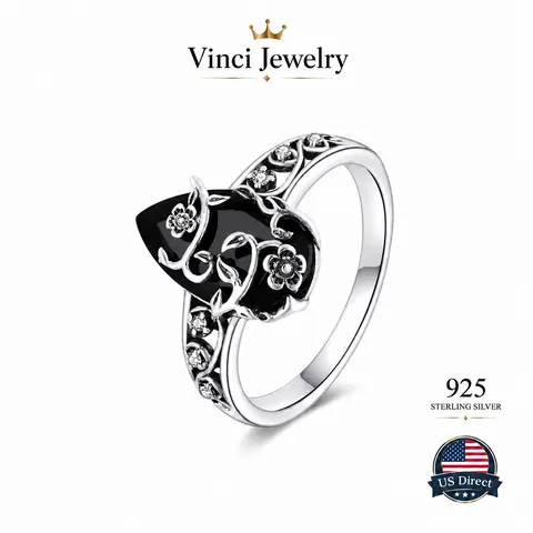 925 Sterling Silver Black Synthetic Obsidian Ring with Floral Pattern Design,  Elegant Vintage, Hollow-out Flower for Women, Mystery and Protection Spiritual Healing Jewelry for Girls for Daliy Wear