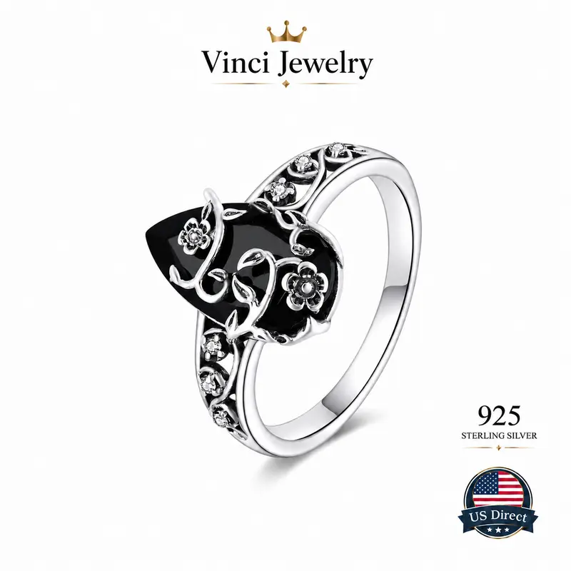 925 Sterling Silver Black Synthetic Obsidian Ring with Floral Pattern Design, Elegant Vintage, Hollow-out Flower for Women, Mystery and Protection Spiritual Healing Jewelry for Girls for Daliy Wear