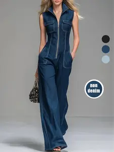 2026 New Model New Spring Summer Vintage Casual Denim Jumpsuit, Sleeveless Design, Wide Leg Pants, Slimming High Waist, Fashionable One-Piece
