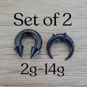 Set of 2 Black Steel Horseshoe Spike Cone Pinchers Barbell 316L Surgical 2g 4g 6g 8g 10g 12g 14g septum stretching piercing big jewelry 12mm