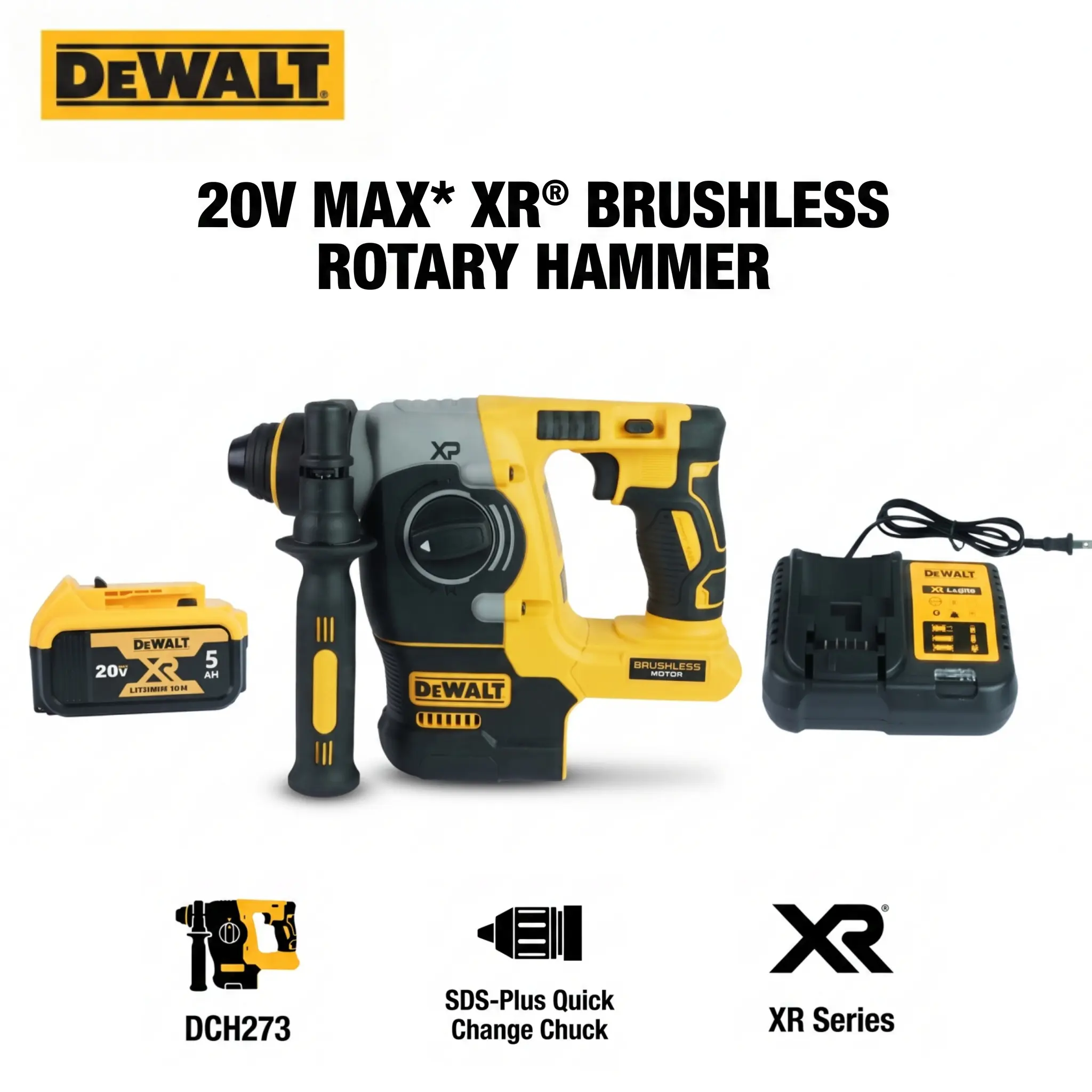 DEWALT 18V XR Brushless Rotary Hammer (DCH273) - SDS-Plus Quick-Change Chuck, 2.1J Single Impact Energy, Vibration Reduction System, Torque Protection for Concrete Drilling, Chiseling