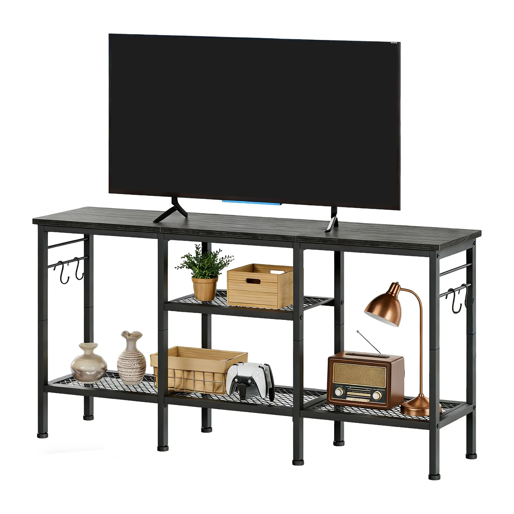 TV Stand for TVs, Modern Entertainment Center with Soundbar Shelf & Open Storage Shelves, Media Console with Cable Management, up to 55 Inches, for Living Room, Bedroom, Home Office, Easy Assembly, Black
