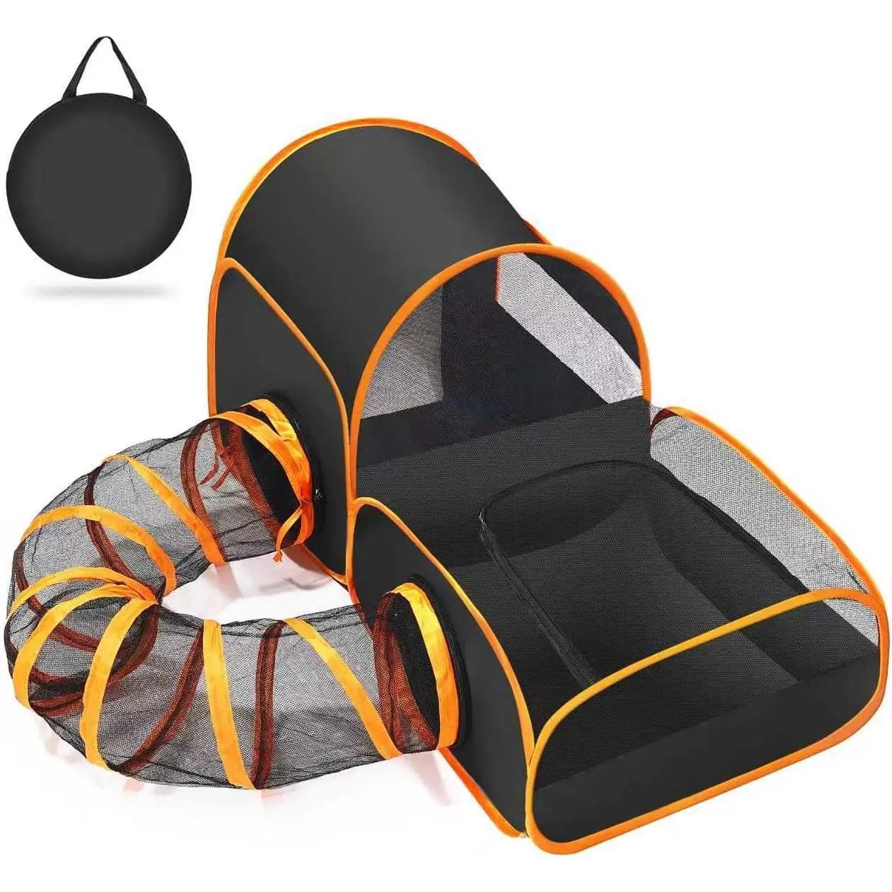 Portable cat enclosure with surrounding tunnel and 2 connected enclosed areas, ideal for outdoor cat tents or indoor cat enclosures.Breathable mesh design, suitable for both indoor and outdoor use (black)