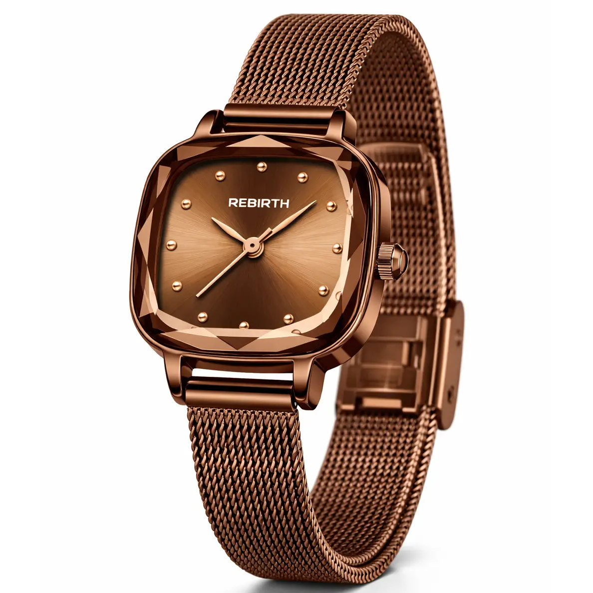 Women's Square Dress Watch with Mesh Band – Elegant Quartz Watch for Women, Faceted Crystal Case, Minimalist Dial, Adjustable Stainless Steel Bracelet
