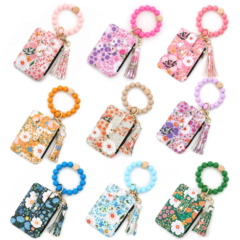 Women's Boho Style Beaded & Tassel Decorated Keychain with Flower Pattern Wallet Boho Wristlet Keychain Wallet Silicone Beaded Tassel Keychain Wallets llaveros sweet style