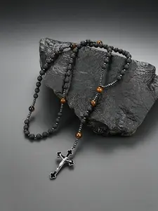 1pc Cool 8mm Matte Natural Tiger Eye Cross Pendant Necklace, Retro Style Rosary Prayer Jewelry for Men and Women