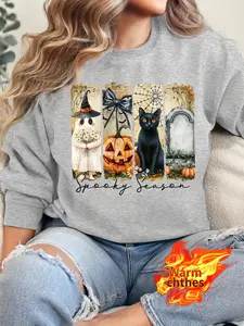 Spooky Season Women'S Halloween Graphic Long Sleeve Sweatshirt - Cozy Thick Pullover with Jack-O'-Lanterns, Bats & Autumn Leaves Design, Casual Round Neck for Fall & Winter