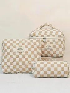 Checkerboard Pattern Makeup Bag Set, Travel Cosmetic Bags, 3Counts/set Large Capacity Travel CosmeticStorage Bag, Makeup Container Set, Zipper Makeup Organizer Pouch, Versatile Storage Bag for Travel, Home, Stackable Makeup Holder Kits