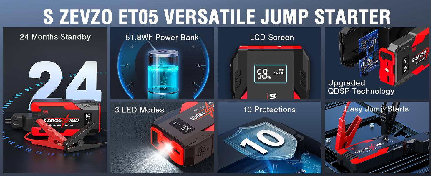 ET05 Portable Jump Starter — 12V Battery Pack for Up to 7.2L Gas & 5.5L Diesel Engines | 51.8Wh, USB Ports, LCD Display, LED Light