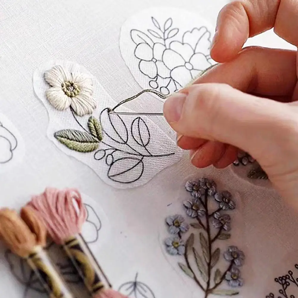 Peel and Stick Sewing Embroidery Sticker, 12pcs Flower Pattern Water Soluble Embroidery Stabilizer, Wash Away Self Adhesive Transfer Paper for Hand Se