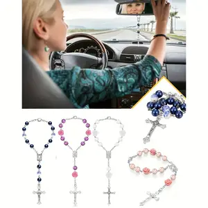 1ppcabs car rosary mirror, rearview mirror beads, rose medals, prayer beads, interior decoration, cross hanging accessories, suitable for women and men.