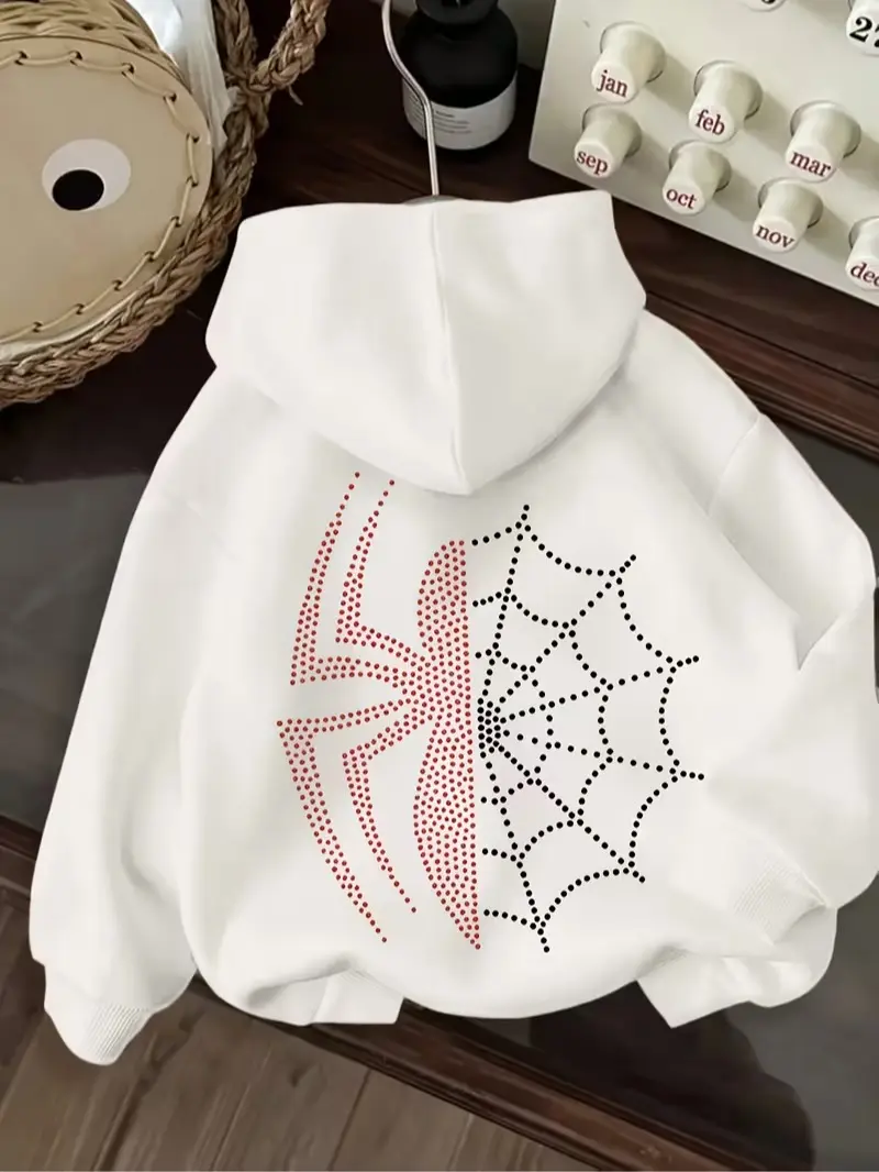 Spider Web Dot‑Effect Back Print Fleece Pullover Hoodie, Halloween Gothic Streetwear Long Sleeve Sweatshirt For All Seasons