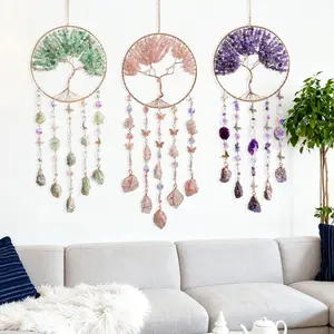 Life Tree Dream Catcher Sun Catcher Wall Hanging Ornament, Natural Stone Copper Butterfly Crystal Pendant, Elegant Home Decor Gift