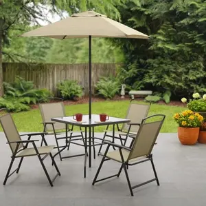 6-Piece Metal Square Outdoor Dining Set and Umbrella in Brown