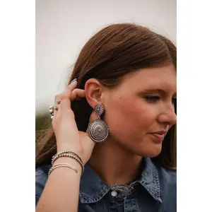 Western Concho Dangle Earrings with Faux Turquoise — 2½" Drop