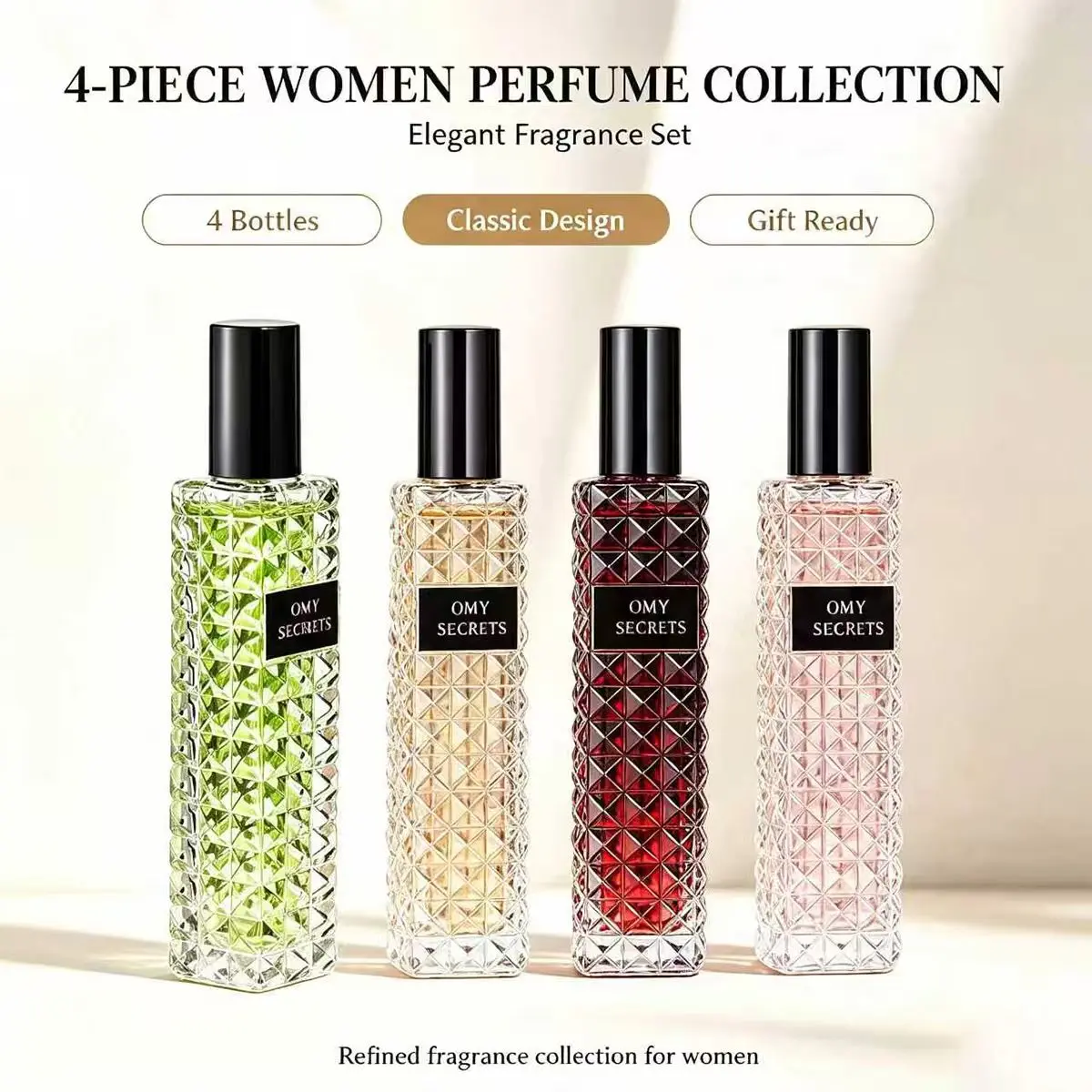4-in-1 Women's Perfume Set, fashionable transparent bottle with diamond cut surface, compact and portable travel eau de toilette, an excellent holiday gift suitable for daily life, dates, weddings and various occasions