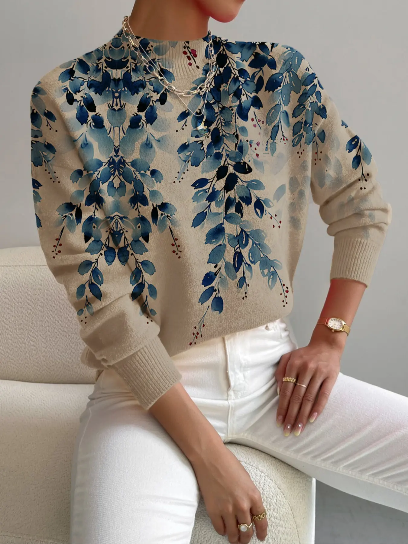 Women's Knitted Sweater Pullover, Colorblock Pattern, Leaf, Casual Style, Ideal for Spring & Fall Seasons, Perfect for Daily Wear