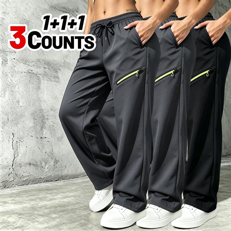 Women's 3-piece straight-leg tracksuit with an elastic drawstring waist and zip pockets, great for working out, walking, and everyday outdoor activities, suitable for all seasons.