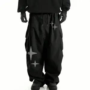 Men's Black Star Print Cargo Pants, Baggy Wide Leg Streetwear Casual Drawstring Trousers With Multi-Pockets